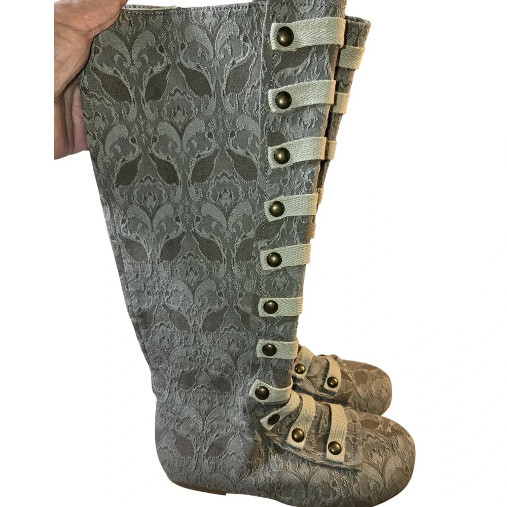 Joyfolie Leighton Dove Grey Damask Tall Boots Girls Youth 2 Brass Buttons